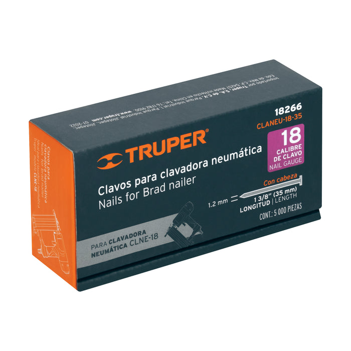 Caja con 5000 clavos calibre 18, 35 mm para CLNE-18, Truper 18266 CLANEU-18-35