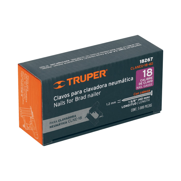 Caja con 5000 clavos calibre 18, 40 mm para CLNE-18, Truper 18267 CLANEU-18-40