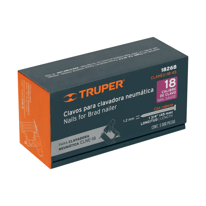 Caja con 5000 clavos calibre 18, 45 mm para CLNE-18, Truper 18268 CLANEU-18-45