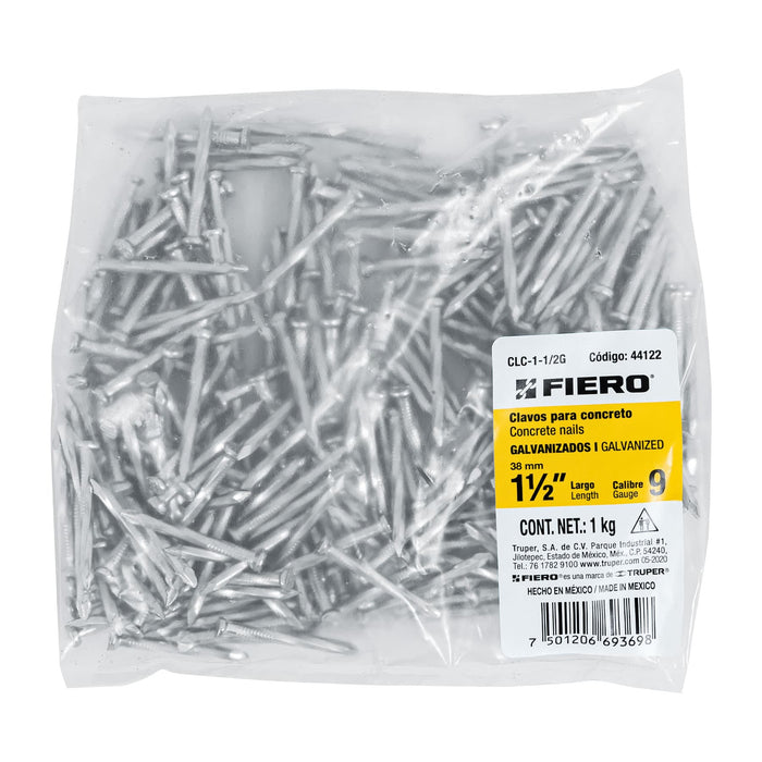 Bolsa con 1 kg de clavos para concreto galvanizados 1-1/2' Código: 44122