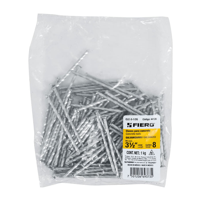 Bolsa con 1 kg de clavos para concreto galvanizados 3-1/2' Código: 44126