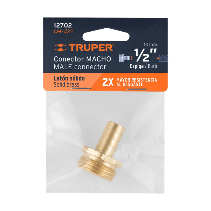Conector 1/2' macho de latón sólido para manguera, Truper Código: 12702