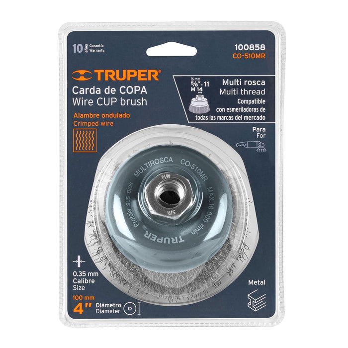 Carda copa 4' alambre ondulado fino, Multi-rosca, Truper 100858 CO-510MR