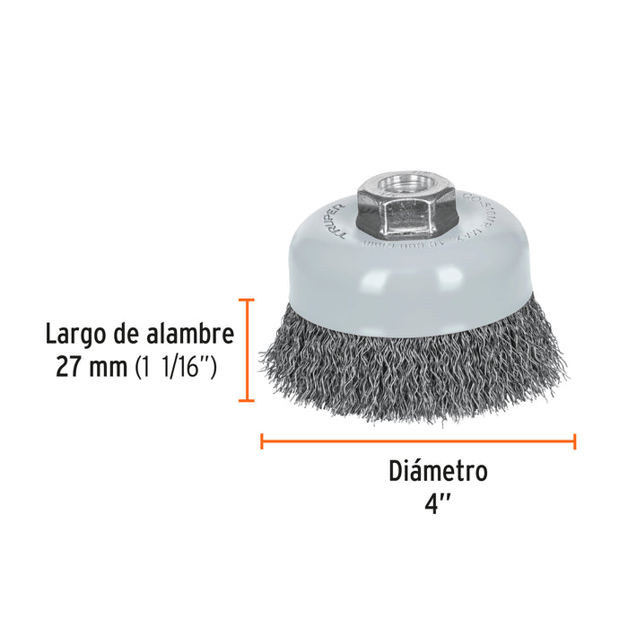 Carda copa 4' alambre ondulado fino, Multi-rosca, Truper 100858 CO-510MR