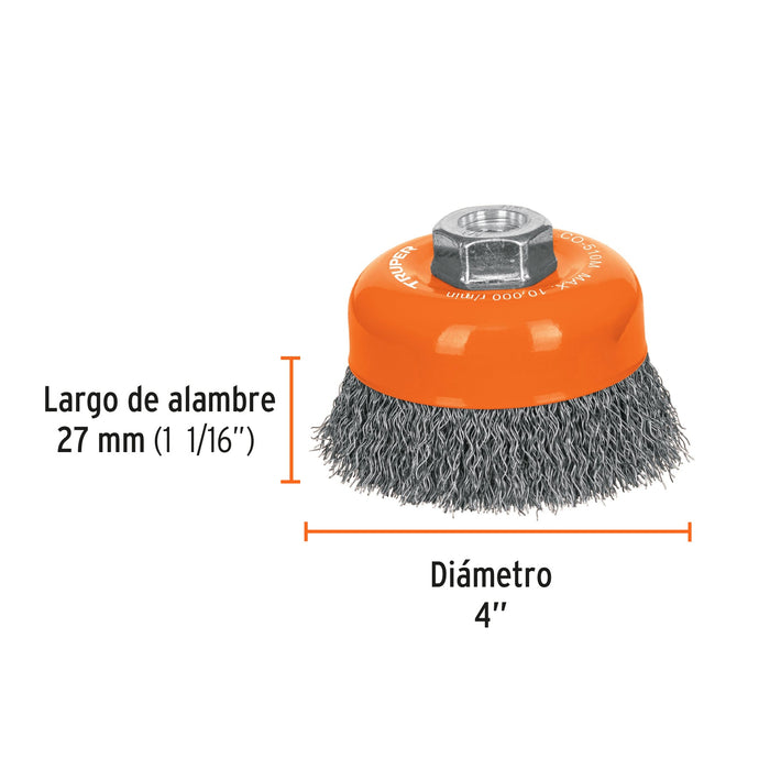 Carda copa 4' alambre ondulado fino, eje M14, Truper 11532 CO-510M