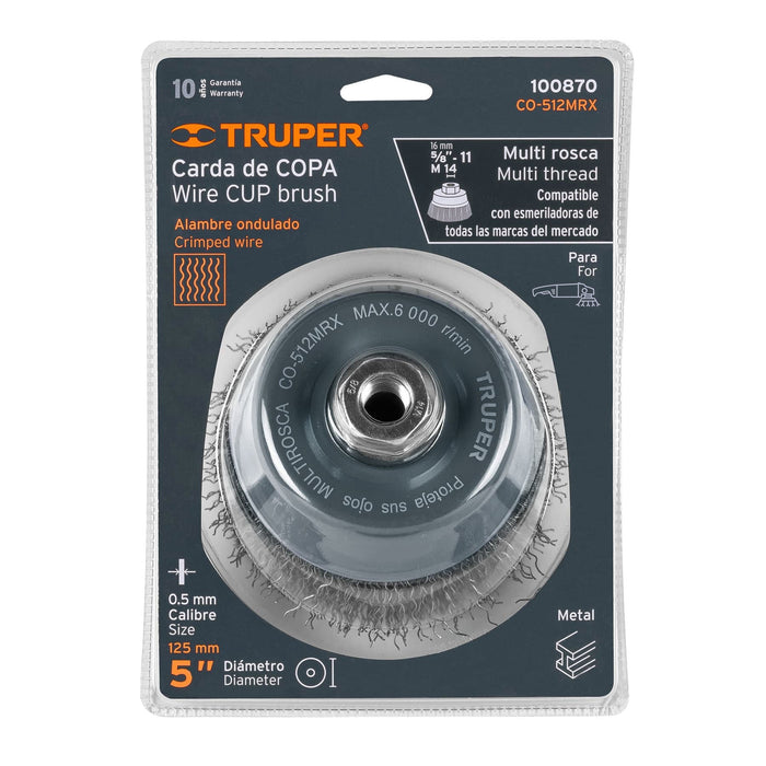 Carda copa 5' alambre ondulado grueso, Multi-rosca, Truper 100870 CO-512MRX