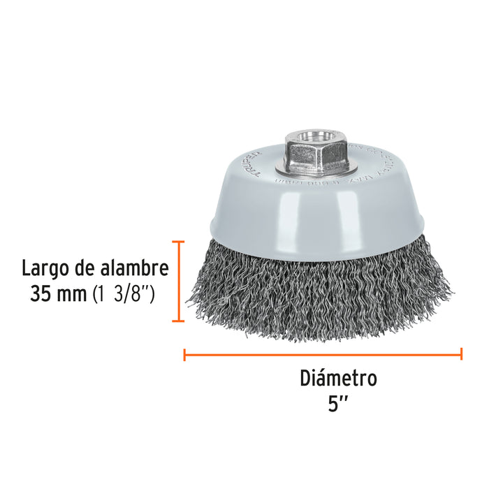 Carda copa 5' alambre ondulado grueso, Multi-rosca, Truper 100870 CO-512MRX