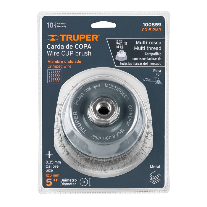 Carda copa 5' alambre ondulado fino, Multi-rosca, Truper 100859 CO-512MR