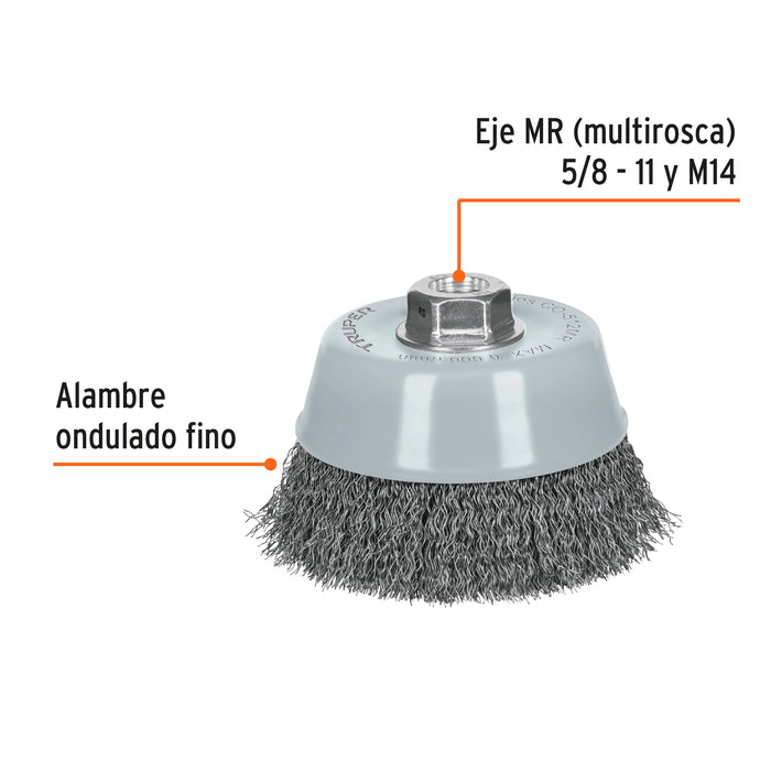 Carda copa 5' alambre ondulado fino, Multi-rosca, Truper 100859 CO-512MR