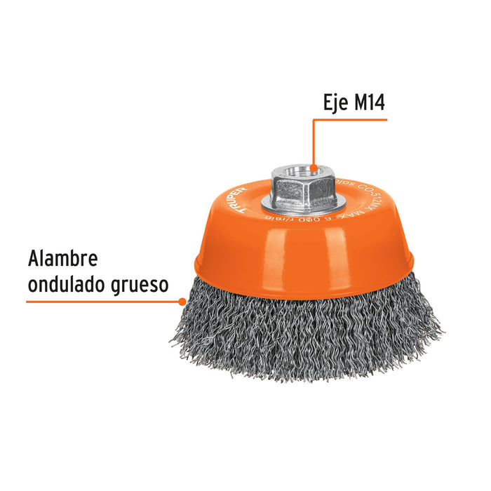 Carda copa 5' alambre ondulado fino, eje M14, Truper 11538 CO-512M
