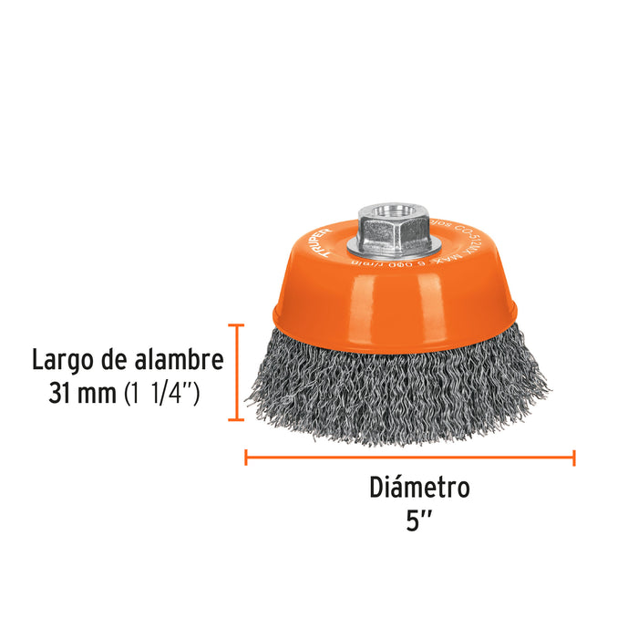 Carda copa 5' alambre ondulado grueso, eje M14, Truper 17534 CO-512MX