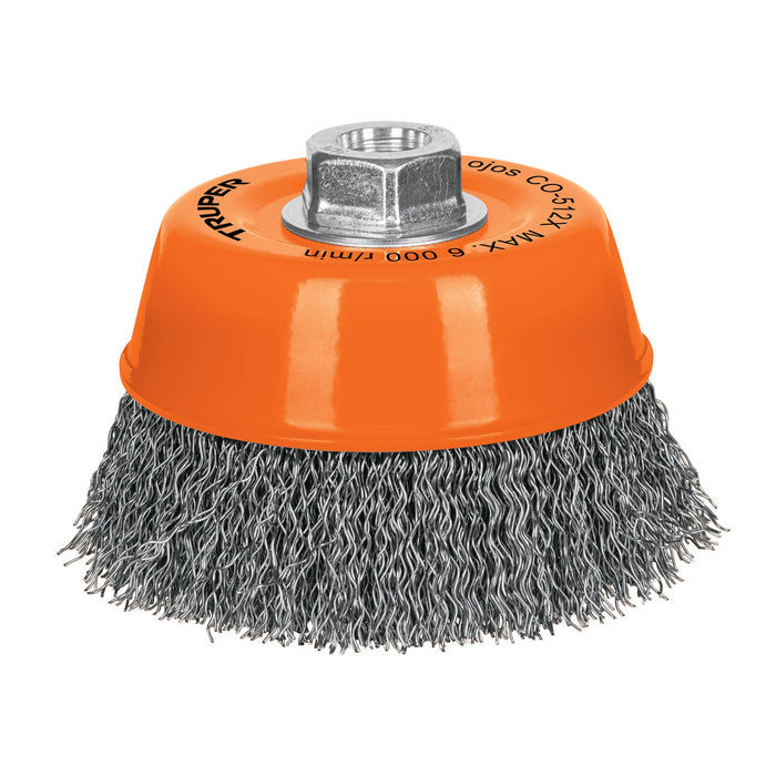 Carda copa 5' alambre ondulado grueso, eje 5/8'-11, Truper 17533 CO-512X