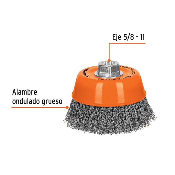 Carda copa 5' alambre ondulado grueso, eje 5/8'-11, Truper 17533 CO-512X
