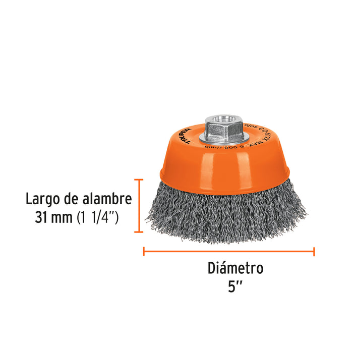 Carda copa 5' alambre ondulado grueso, eje 5/8'-11, Truper 17533 CO-512X