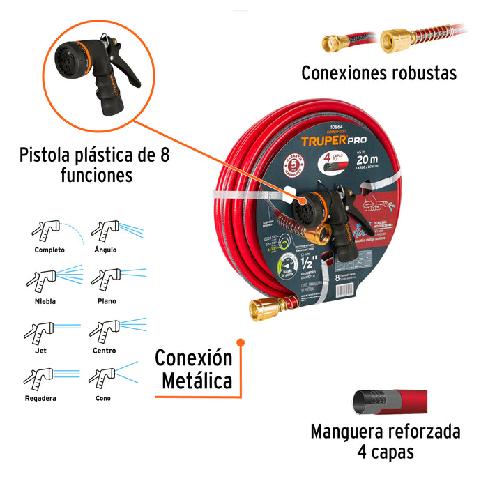 Combo manguera MAN-20X1/2X y pistola de riego PR-208, Truper 10864 COMBO-200