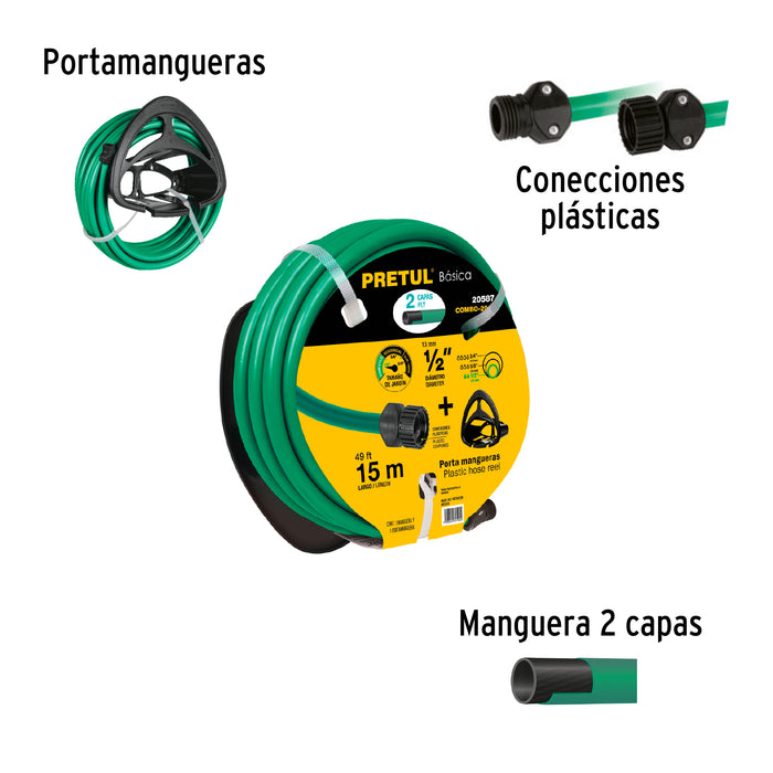 Combo manguera MAN-15X1/2P y portamanguera negro, Pretul 20587 COMBO-201P