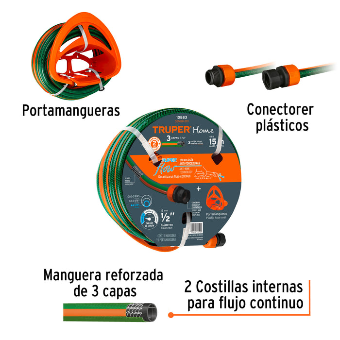 Combo manguera MAN-15X1/2RE y portamanguera GAN-MA, Truper 10883 COMBO-201