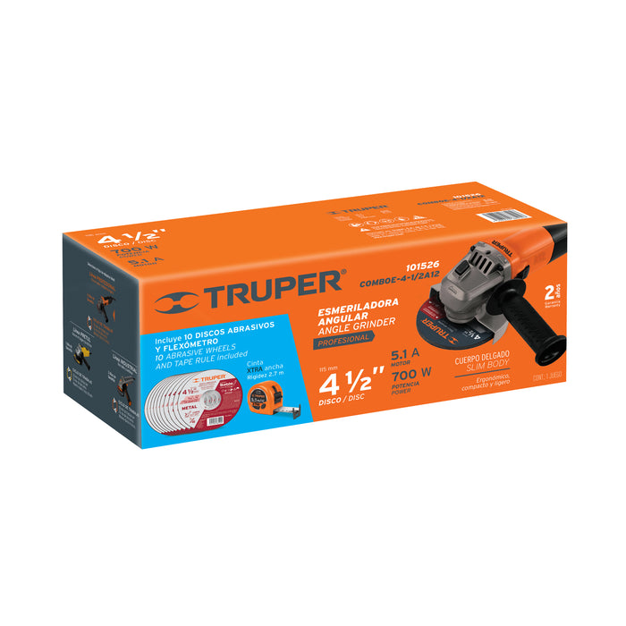 Esmeriladora 4-1/2' 700 W, 10 discos y flexómetro, Truper Código: 101526