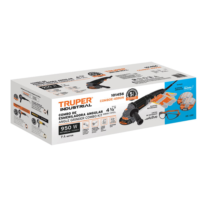 Esmeriladora 4-1/2' 950 W, discos, lentes y guantes, Truper 101456 COMBOE-4590N