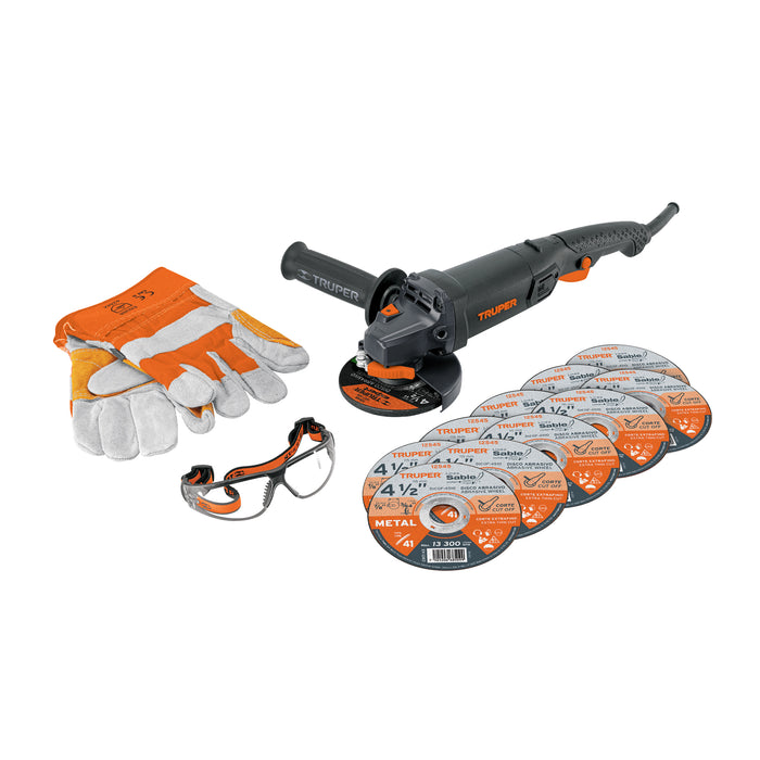 Esmeriladora 4-1/2' 950 W, discos, lentes y guantes, Truper 101456 COMBOE-4590N