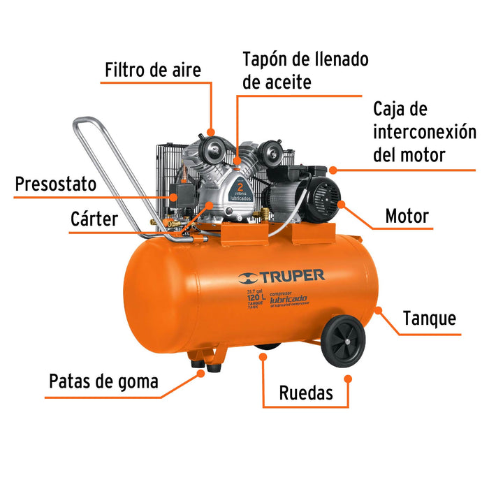 Compresor de aire,con banda,horizontal 120L 4HP, 220V Truper 19359 COMP-120LH