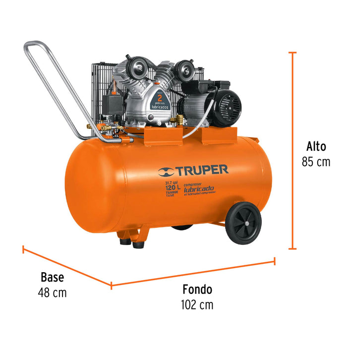Compresor de aire,con banda,horizontal 120L 4HP, 220V Truper 19359 COMP-120LH