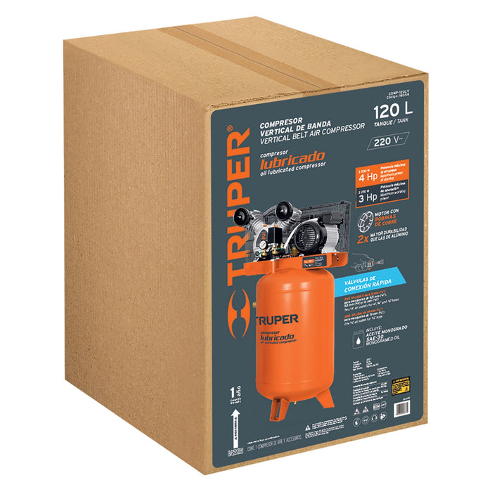 Compresor de aire, con banda, vertical 120L 4HP, 220V Truper 19358 COMP-120LV