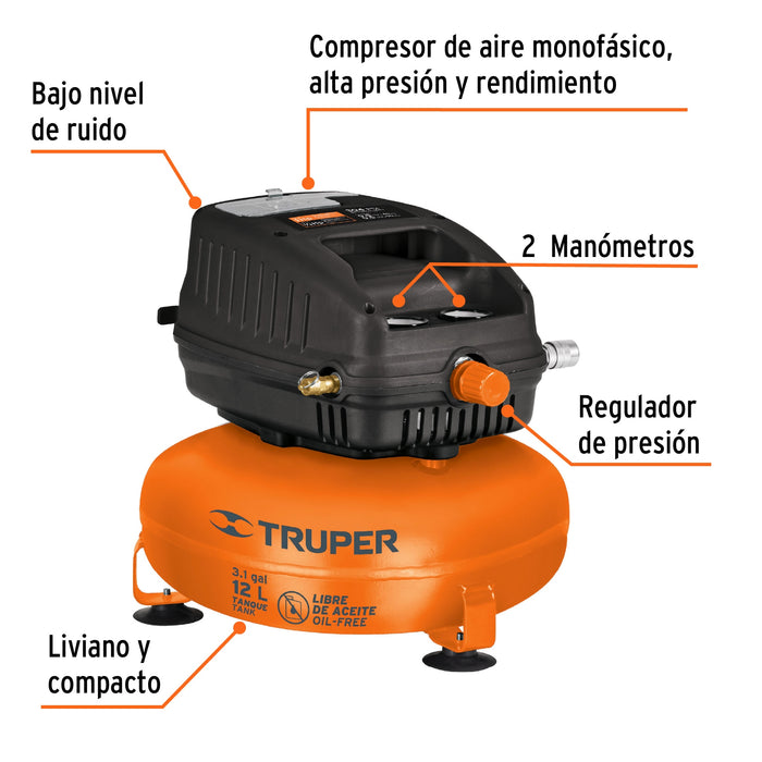 Compresor libre de aceite compacto 12L, 1HP 127V Truper 13824 COMP-12S