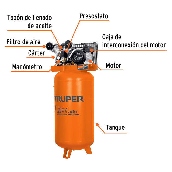 Compresor de aire, con banda, vertical 180L 4HP, 220V Truper 15657 COMP-180LV