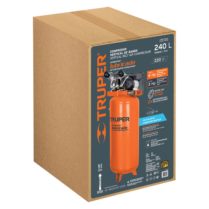Compresor de aire, con banda, vertical 240L 4HP, 220V Truper 19366 COMP-240LV