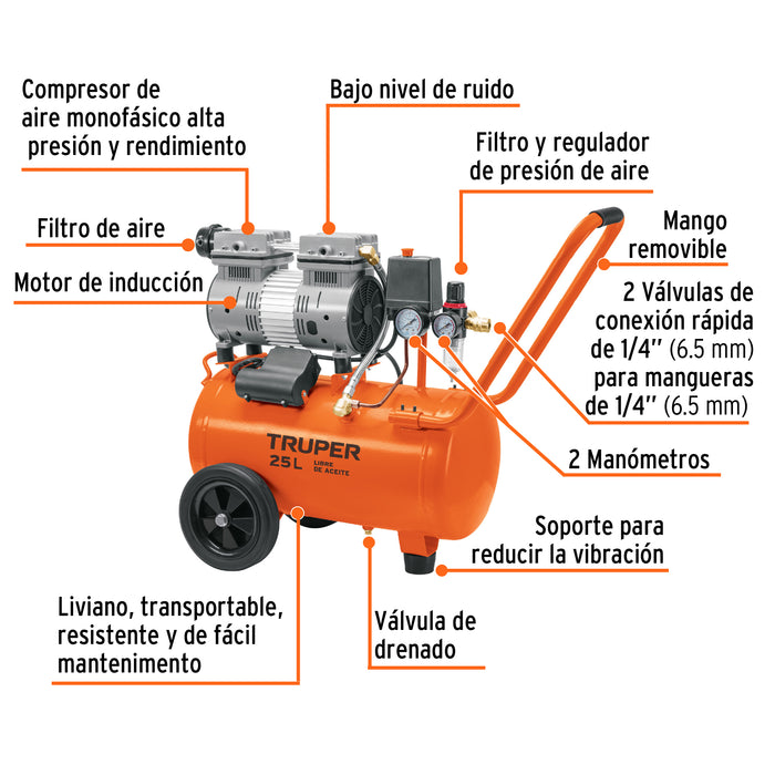 Compresor de aire, silencioso libre de aceite, 25 L, 2 HP 102958 COMP-25Q