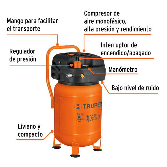 Compresor libre de aceite compacto 30L, 3HP 127V Truper 13836 COMP-30S