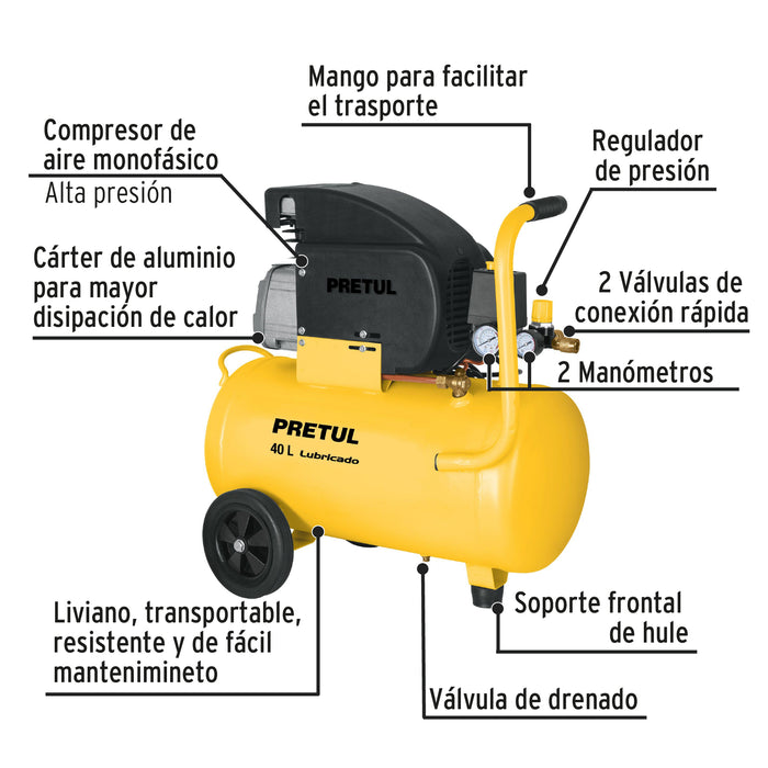 Compresor de aire, lubricado, horizontal 40L 3HP 127V Pretul 23066 COMP-40LP