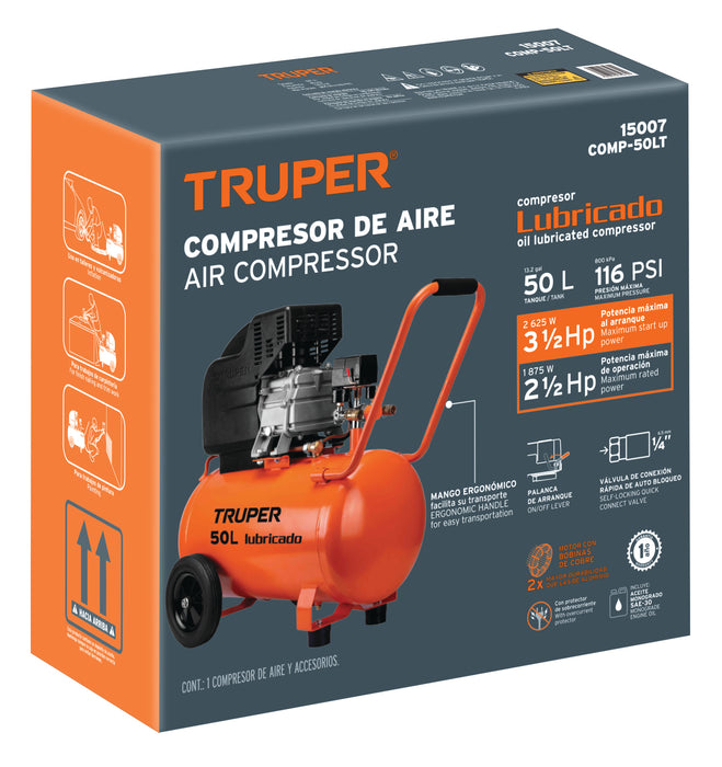 Compresor de aire, lubricado,horizontal 50L 3½HP 127V Truper 15007 COMP-50LT