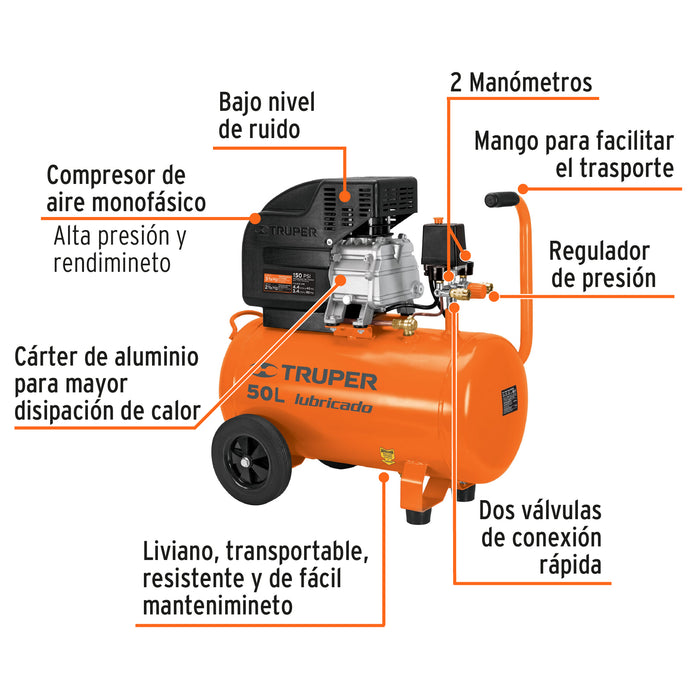 Compresor de aire, lubricado,horizontal 50L 3½HP 127V Truper 15007 COMP-50LT