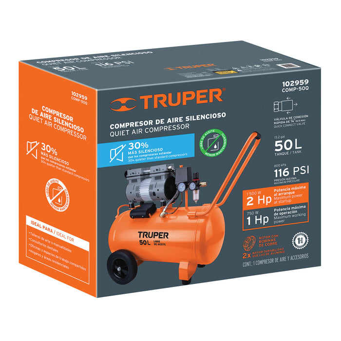 Compresor de aire, silencioso libre de aceite, 50 L, 2 HP 102959 COMP-50Q