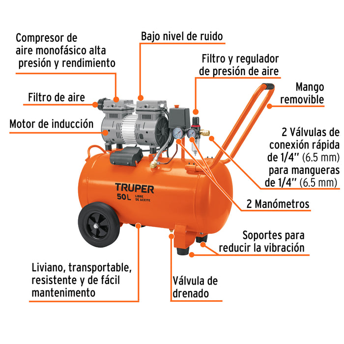 Compresor de aire, silencioso libre de aceite, 50 L, 2 HP 102959 COMP-50Q