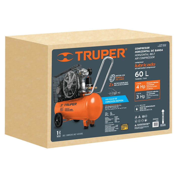 Compresor de aire, con banda, horizontal 60L 4HP 127V Truper 19005 COMP-60LB