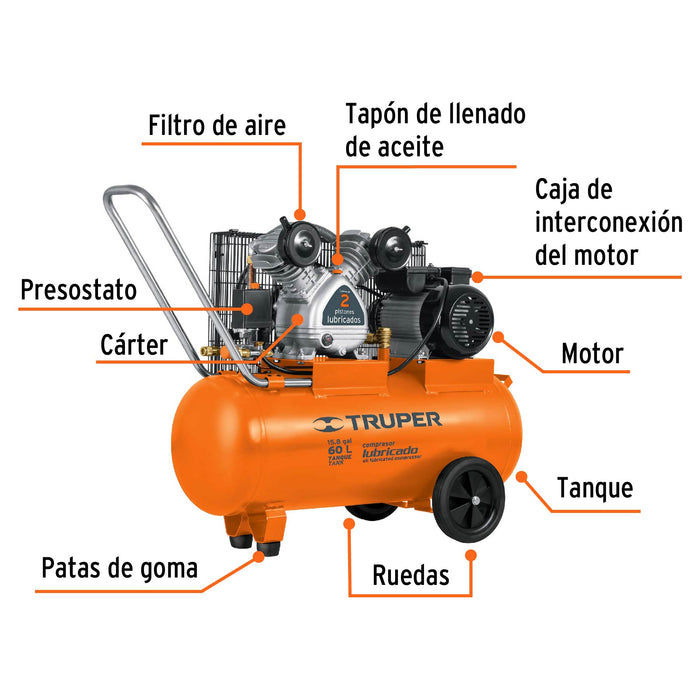Compresor de aire, con banda, horizontal 60L 4HP 127V Truper 19005 COMP-60LB