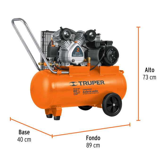 Compresor de aire, con banda, horizontal 60L 4HP 127V Truper 19005 COMP-60LB
