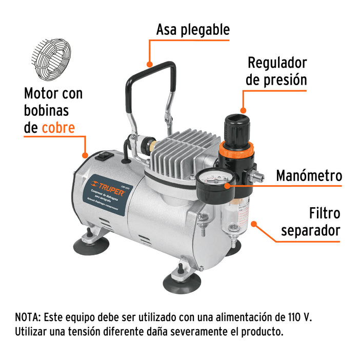 Compresor de diafragma para aerógrafo, 1/5 HP, 110 V, Truper 17247 COMP-AERO
