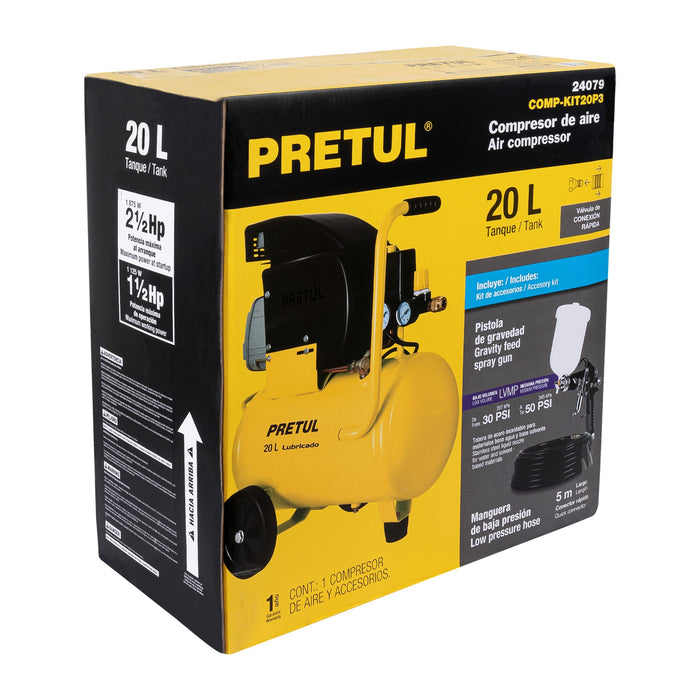 Kit Compresor de aire 20L 2½HP, manguera y pistola, Pretul 24357 COMP-KIT20P