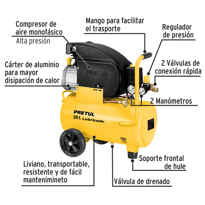 Kit Compresor de aire 20L 2½HP, manguera y pistola, Pretul 24357 COMP-KIT20P