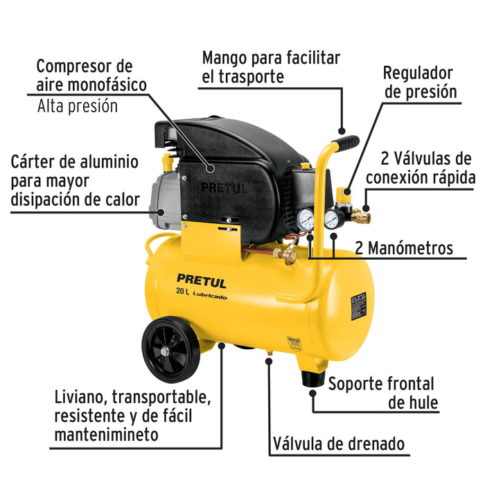 Kit Compresor de aire 20L 2½HP, manguera y pistola, Pretul 24357 COMP-KIT20P