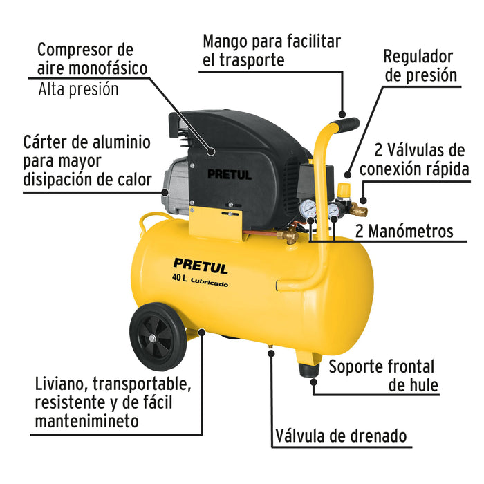 Kit Compresor de aire 40L 3HP, manguera y pistola, Pretul 22066 COMP-KIT40P