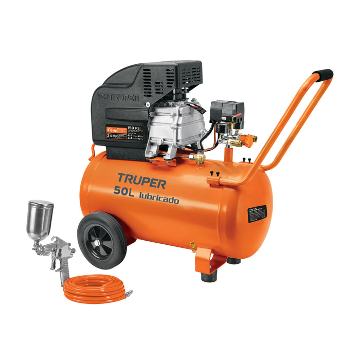 Kit Compresor de aire 50L 3½HP, manguera y pistola, Truper 16095 COMP-KIT50