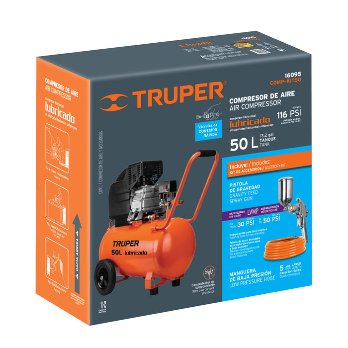 Kit Compresor de aire 50L 3½HP, manguera y pistola, Truper 16095 COMP-KIT50