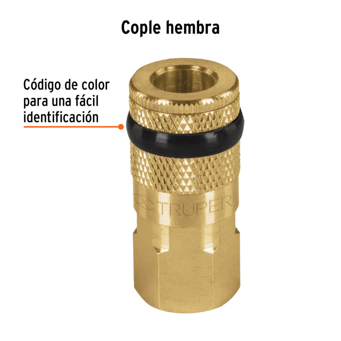 Cople de latón, cuerda 1/4 NPT, hembra, Truper Código: 19084
