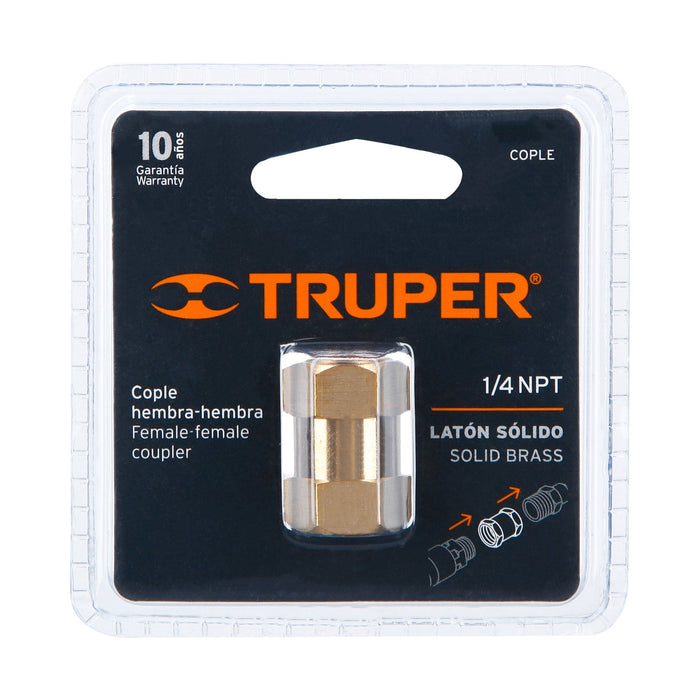 Cople de latón, tipo FF, cuerda 1/4 NPT, Truper 19025 COPLE