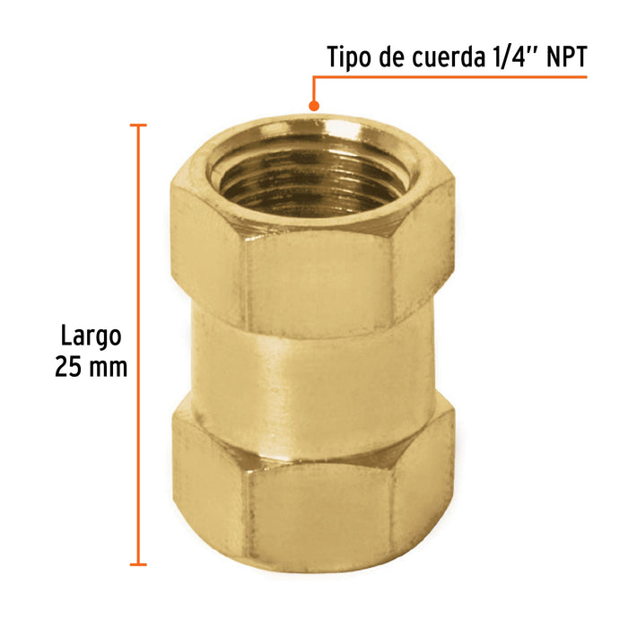 Cople de latón, tipo FF, cuerda 1/4 NPT, Truper 19025 COPLE